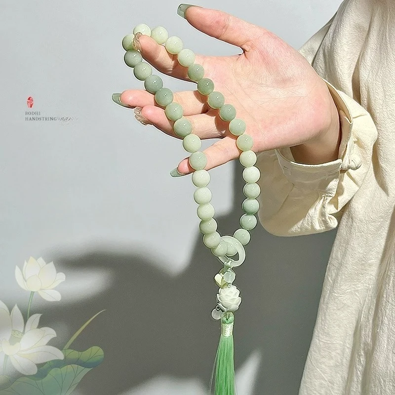 Beaded Bracelet for Women Elegant Double Layer White Jade Bodhi Root Tassel Chinese Style Wenwan Prayer Beads Stress Relief Gift