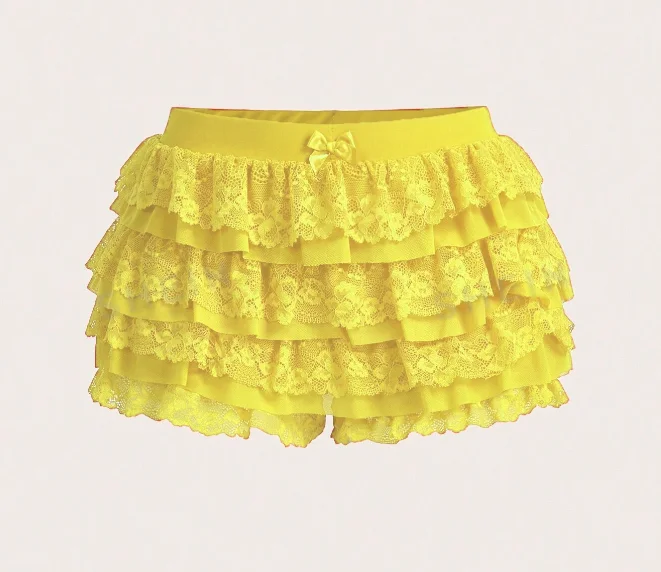 Women's Sweet Bow Lace Ruffles Shorts  Aesthetic 2000s Elastic Waist Short Pants Summer Shorts