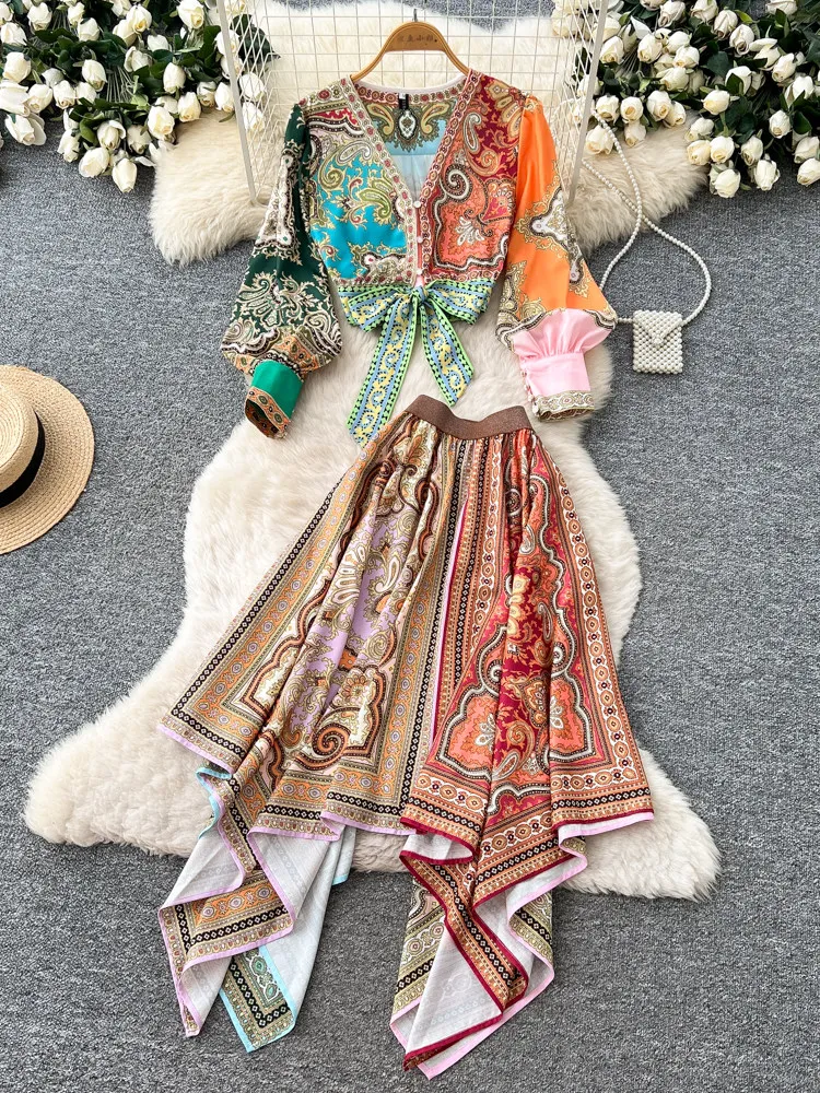 

Vacation style printed two-piece set women's spring V-neck single breasted seven quarter sleeve lace up top irregular skirt