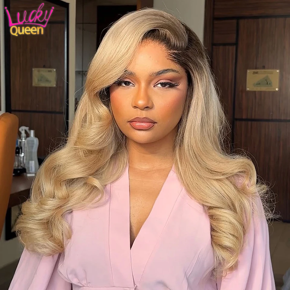 

Upgrade Human Hair Ash Blonde Dark Root 13X6 Body Wave Brazilian Wigs 180 Density Transparent Lace Front For Women Pre Plucked