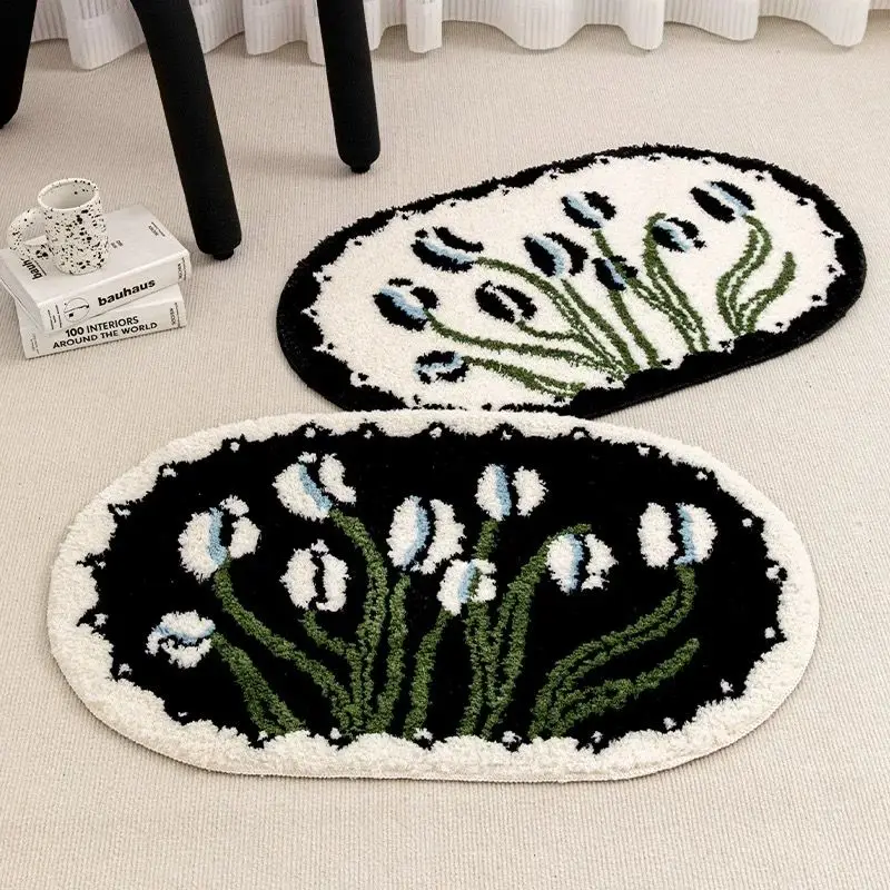 

French Style Black and White Minimalist Bathroom Carpet Plush Absorbent Anti Slip Floor Mat Bedside Home Footrest Rug Home Decor