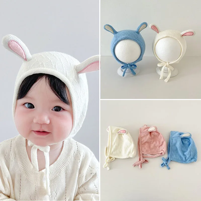 Solid Color Rabbit Baby Hat Autumn Winter Warm Newborn Ear Protection Cap Cute Cartoon Lac-up Infant Boy Girl Beanie Caps