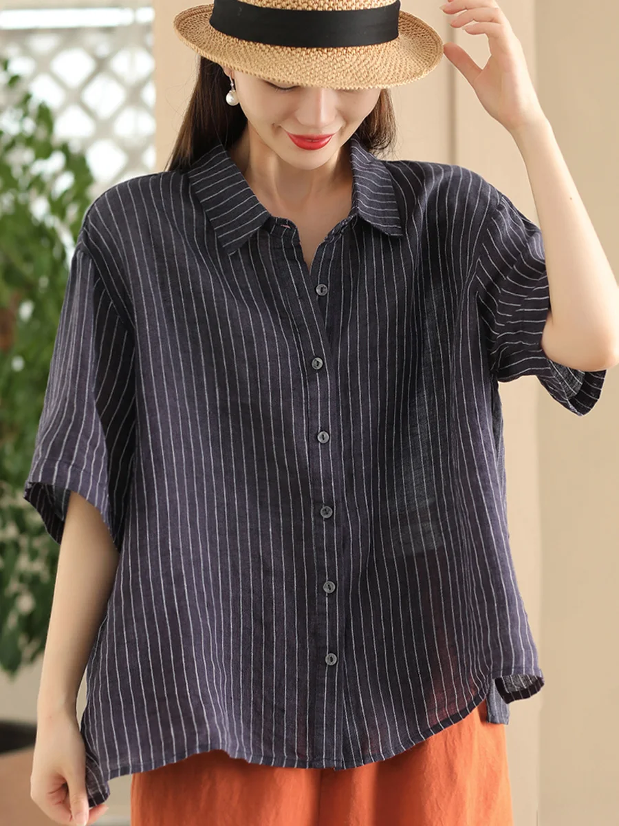 

Retro Striped Linen irt Women's Collar Mid-Sve Button-Up Front ort Ba Long Open Cardigan Top Comfortable Loose Fit