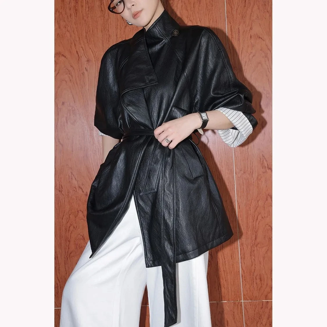 Black Medium To Long Leather Jacket Women's Early Morning High-end Feeling Retro Temperament Loose Jacket Coat