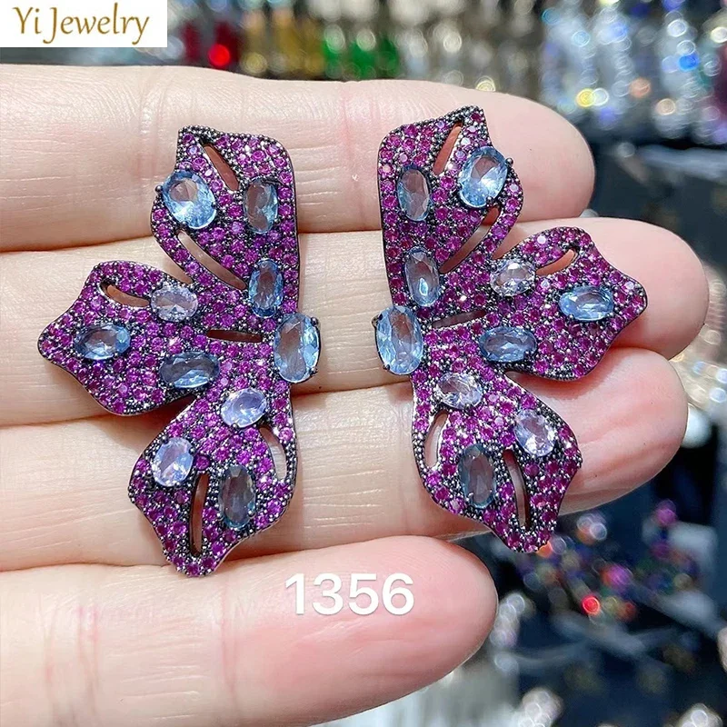 Luxury Earrings for Women Trendy Zircon Purple Flower Water Drop Dangling Earrings Wedding Bride Jewelry Gift Female