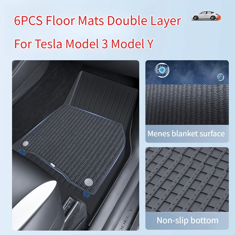 

For Tesla Model 3 Model Y 6PCS Floor Mats Double Layer 3D TPE Menis Carpet Velvet Waterproof Washable Two Layers Car Floor Pads