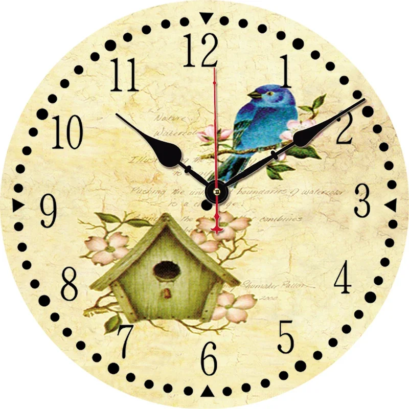 Retro Parrot Flower Kitchen Round Wall Clock Large Dinning Restaurant Cafe Decor Wall Clock Silent Non-Ticking Nice For Gift