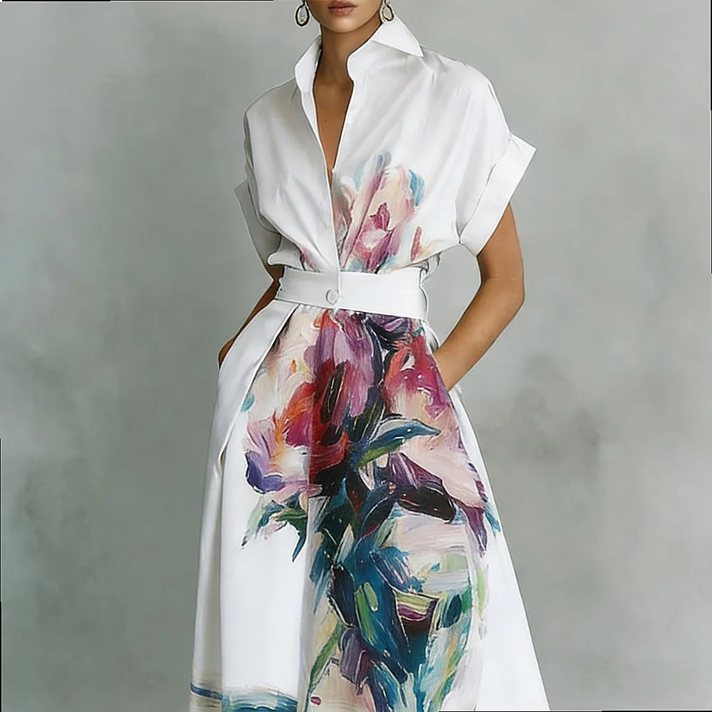 Spring Summer Printed Maxi Dress Blouse Shirt Floral Vacation Long Dress