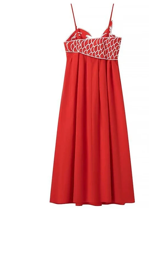 Women Fashion Simple Red Embroidery Halter Dress Long V-Neck Temperament Dress Elegant Koi Embroidery Decoration Dresses
