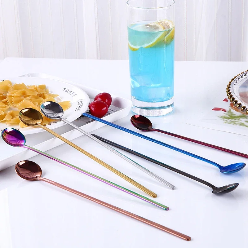 Rainbow Color Coffee Tea Stir Spoon Long Handle Ice Cream Dessert Spoons Eco-Friendly Stainless Steel Tableware Kitchen Supplies