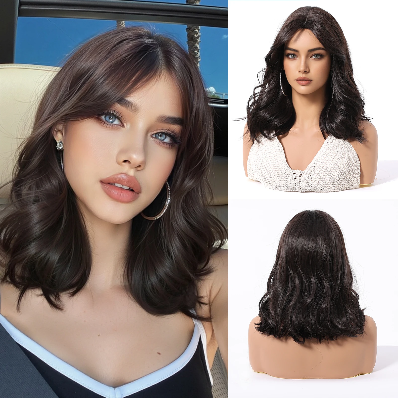ALAN EATON Shoulder Length Black Wave Synthetic Wig Middle Part Wig for Women Daily Cosplay Fake Hair High Temperature Fiber Wig