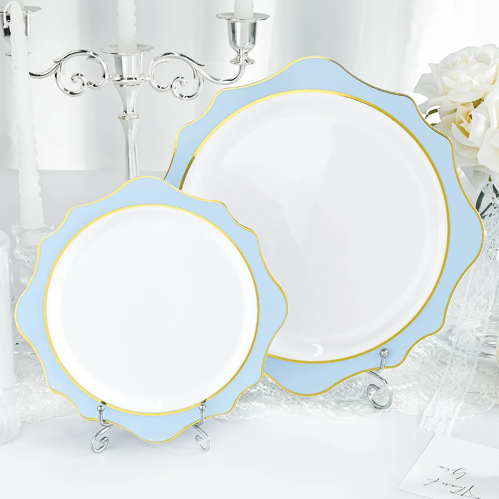 

98pcs Disposable Plates for 49 Guests, Scalloped Plastic Plates Include 49 Dinner Plates And 49 Dessert Plates for Party, Weddin