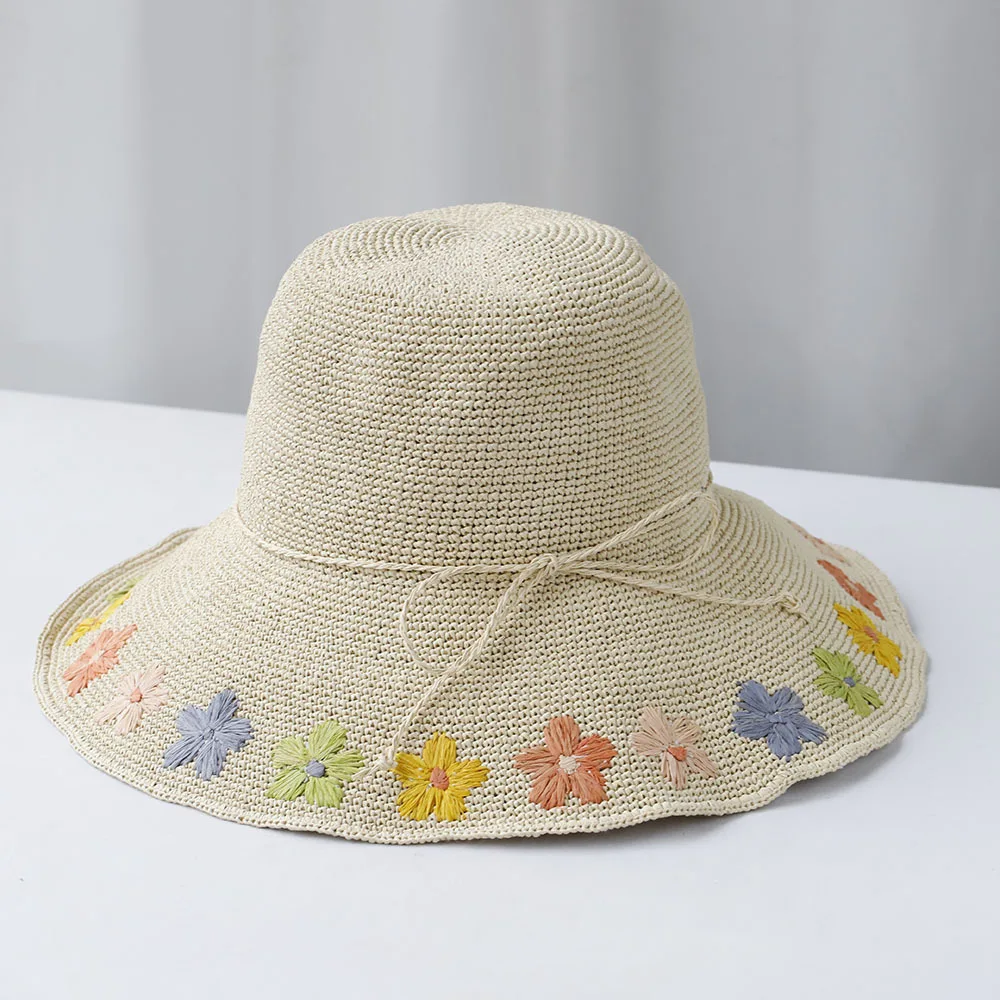 2025 Fashion Floral Hat Summer Women Raffia Straw Bucket Hat Fisherman Hats Hand Weaving Big Brim Panama Girl Beach Sun Hats