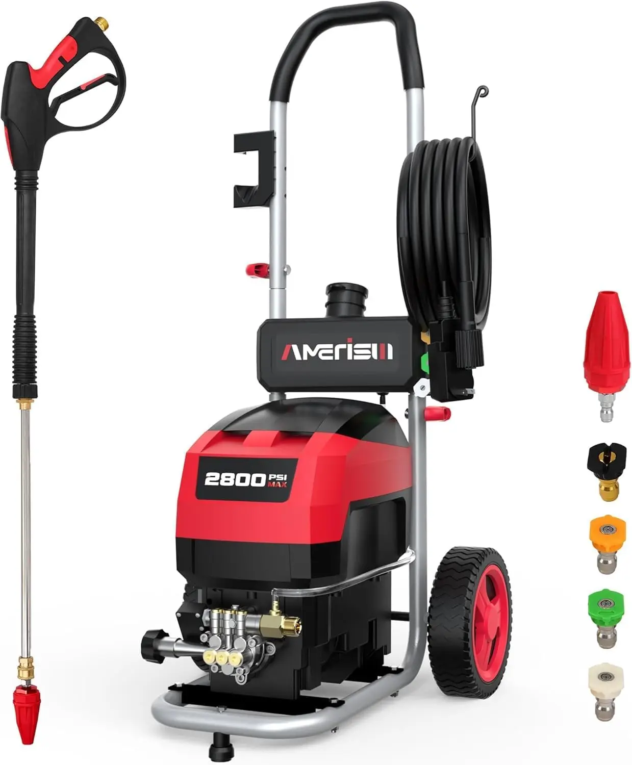 

3800 PSI Max Power Washer, 2.0 GPM Electric Pressure Cleaner with Built-in Foam Tank, 5 Nozzles & 8" Wheels – Portable Outdoor W
