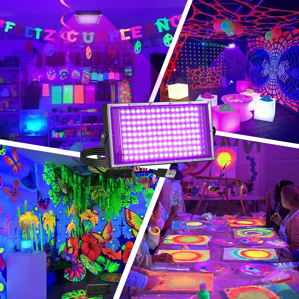 1/2/3/4 Confezione 144 LED USB UV Luce nera Plug and Play DC5V Luce di inondazione per feste luminose, Halloween, feste al neon, poster fluorescenti