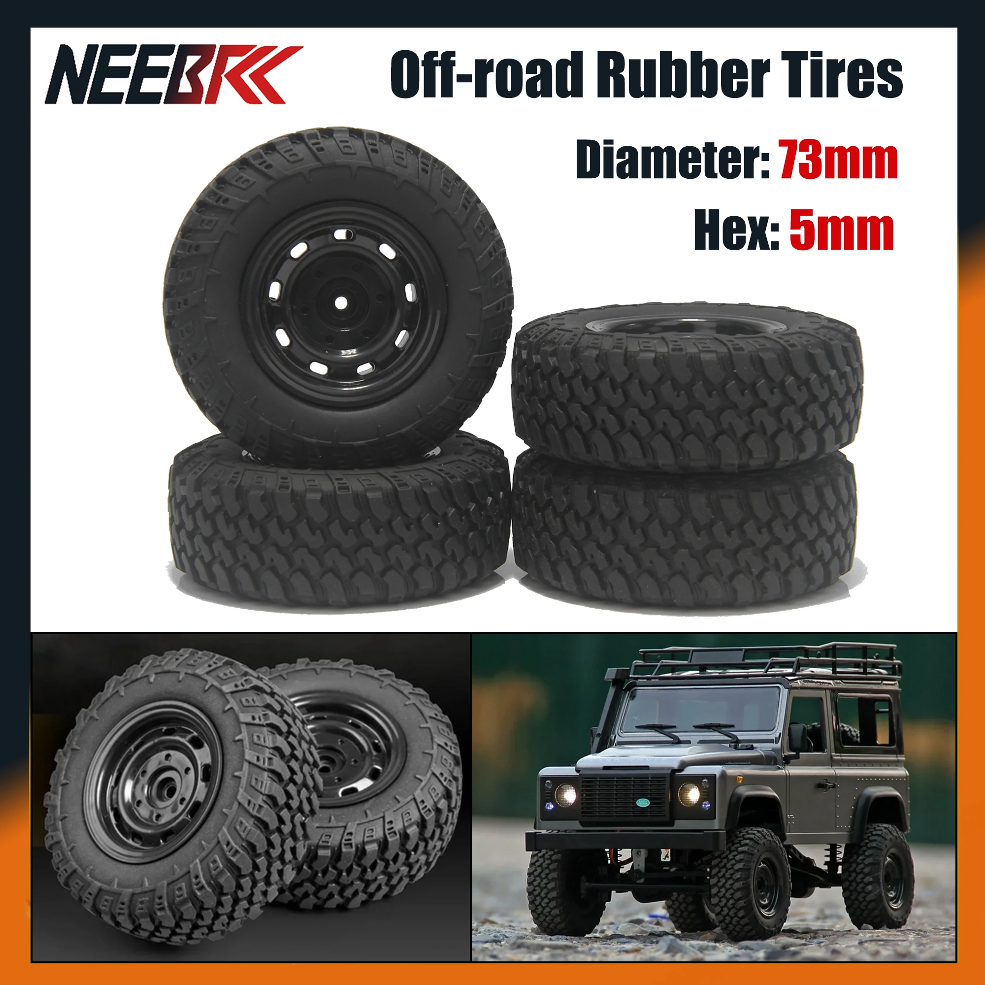 

4PCS NEEBRC 73mm 5mm Hex Off-road Rubber Tires Wheels for 1/12 1/14 RC Car Truck MN98 MN82 WPL C24-1 B36 D12 C64 D74-1 Upgrade