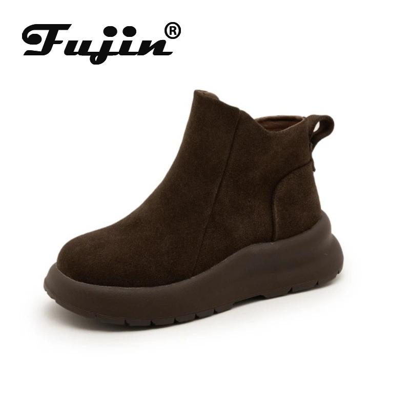 

Fujin 5cm Platform Boots Genuine Leather Suede Fall Winter Women Winter Boots Comfortable Warm Fur Booties Ankle Boots