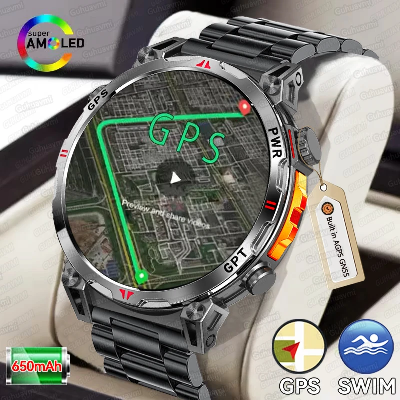

2025 Military Built in AGPS GNSS Smart Watch For Men 1.56"AMOLED HD 650mAh Battery Compass Bluetooth Call Waterproof SWIM Clock