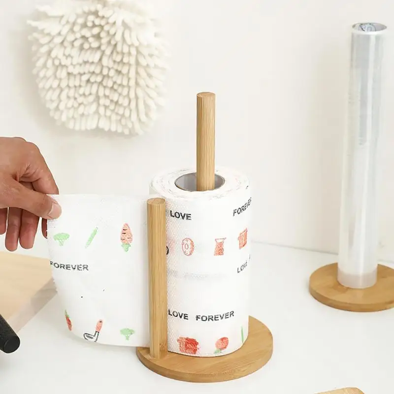 Kitchen Wooden Roll Paper Towel Holder Bathroom Tissue Vertical Stand Disposable Paper Pot Kitchen Toilet Storage Accessories