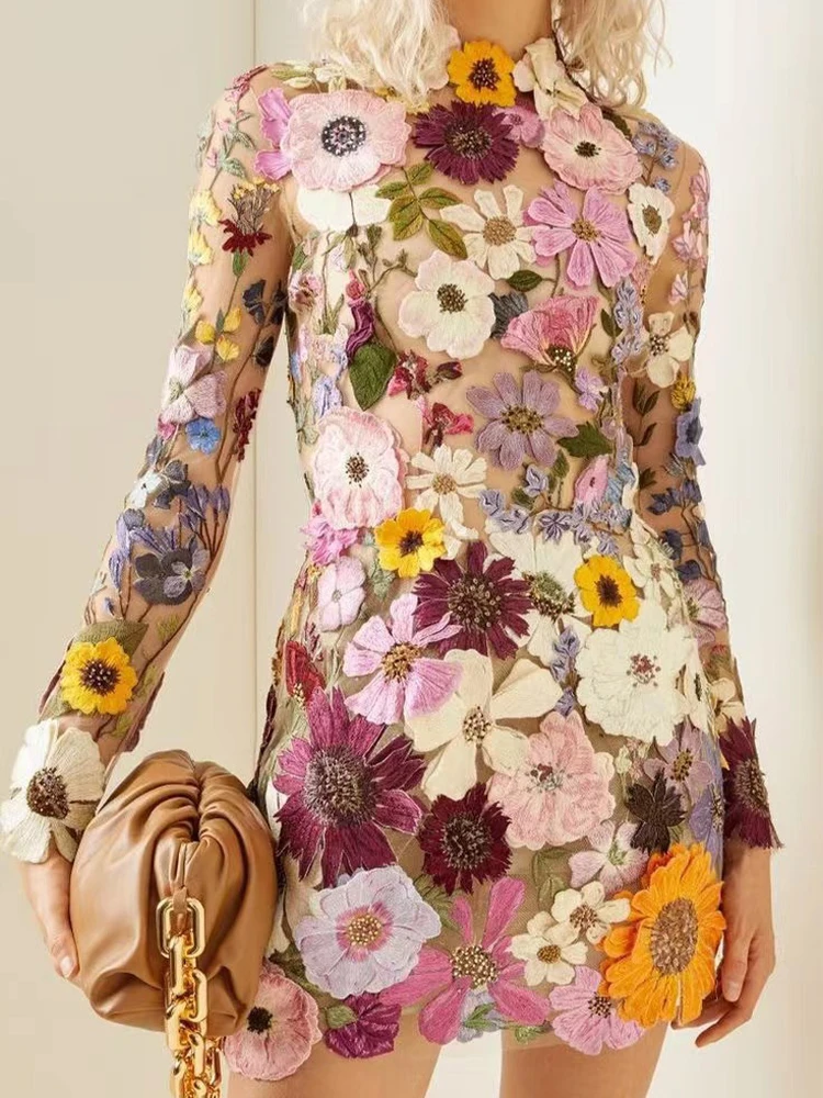 

Floral Dress Women Spring 2024 Embroidery 3D Flowers Long Sleeve Evening Party Lady Sexy Mini Dress Half High Collar 43910