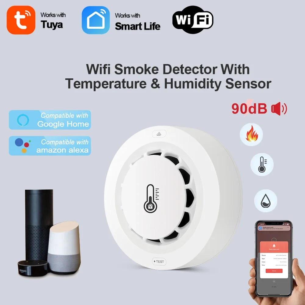 

Tuya WiFi Smoke Alarm Temperature And Humidity Detection 3 In1 Fire Protection Smoke Detector Sensor Smart Life Firefighter