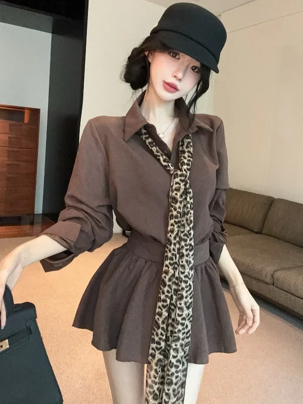 

Sexy Leopard Print Belted Shirt Women's Mid-Length Autumn Winter New Fashion Top Korean Style Straight Cut Long Sleeve C...