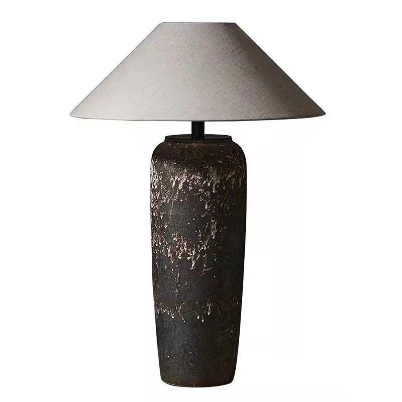 

Modern Nordic Wabi-Sabi Vintage Black Ceramic Desk Lamp Grey Fabric Shade AC Electric E27 Bulb Base Indoor Use Simple Design
