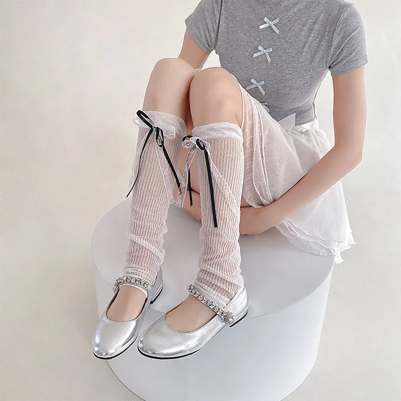 

Лето 2022, вертикальные солнцезащитные марлевые гетры, однотонные готические женские носки в стиле Харадзюку с бантом, милые носки до середины икры, чехол для ботинок, эстетический Y2k