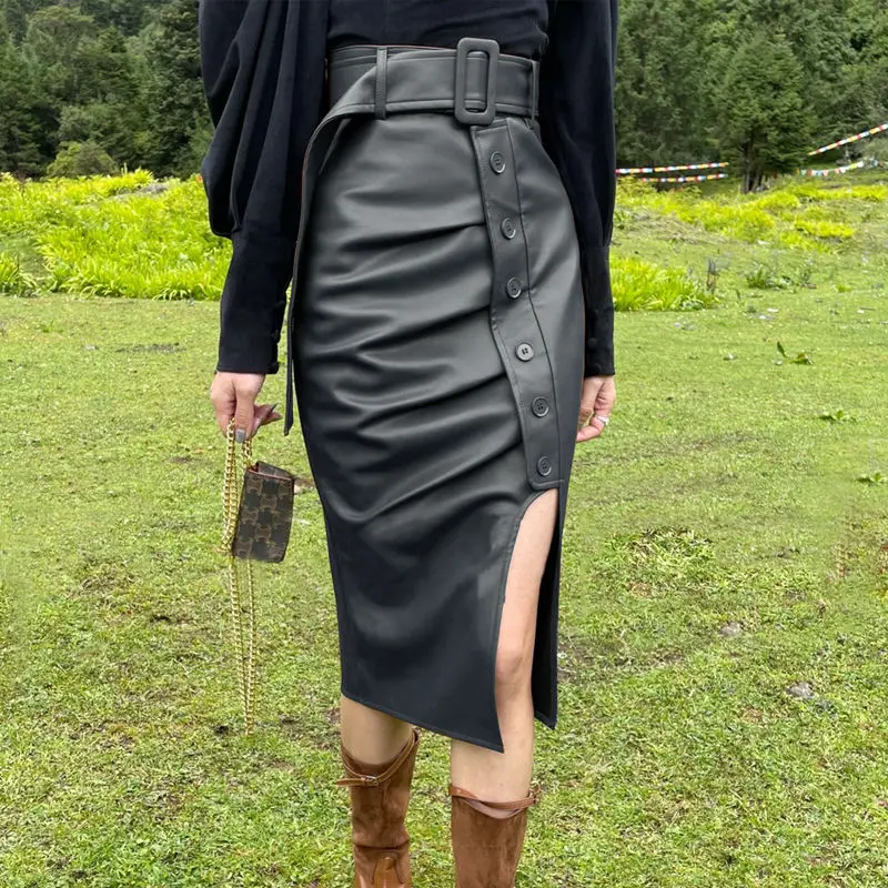 

2023 New Women PU Leather Skirt Fashion Office Ladies Irregualer High Waist Slim Midi Length Saias Clothing Female Sexywear E31