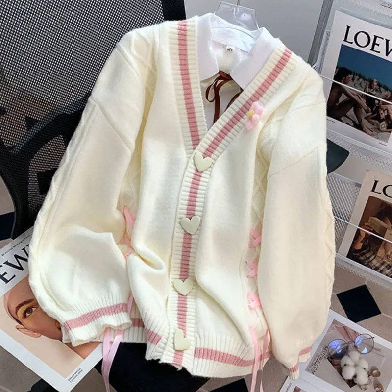 Japanese Style Cute Flower Knitted Cardigan Women Preppy Style Kawaii Cross Strap Design Button-Up Sweater Winter Clothes Woman