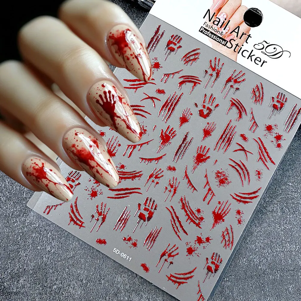 1pcs Bloody Hand Halloween Nail Sticker 5D Embossed Scary Bl