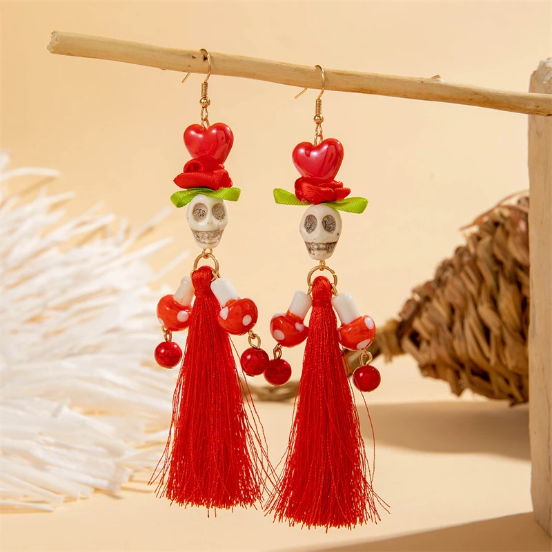 Playful Halloween Love Skull Tassel Earrings for Women Trendy Pumpkin Ball Floral Beaded Resin Dangle Party Cosplay Jewelry Gift