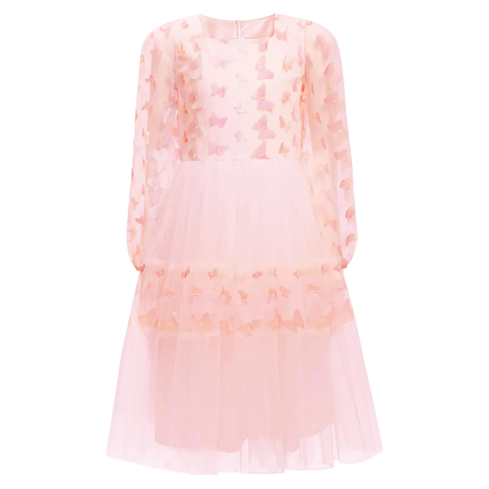 

Kids Girls Party Princess Dress Cute Long Puff Sleeves Square Neck Butterfly Tulle A-Line Midi Dress for Wedding Birthday Party