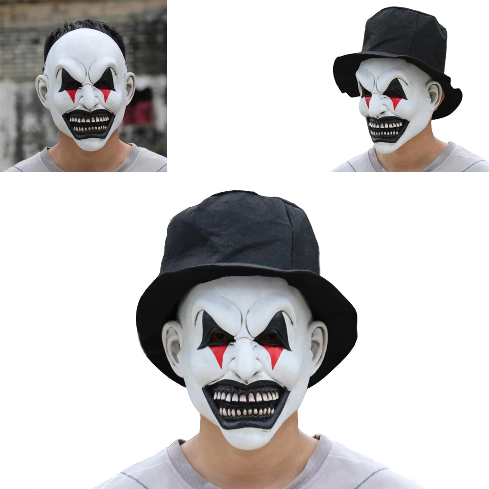 Cosplay Scary Clown Droll Creepy Horrible Mouth Eyes Terrible Funny Halloween Mask With Hat Cap Full Face Costume Prop For Party