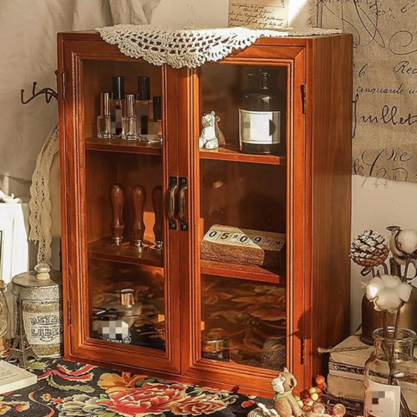 Multi Tier Pine Wood Display Cabinet Glass Doors Elegant Organizer Cabinet for Home Cafe Kitchen Storage Solutions