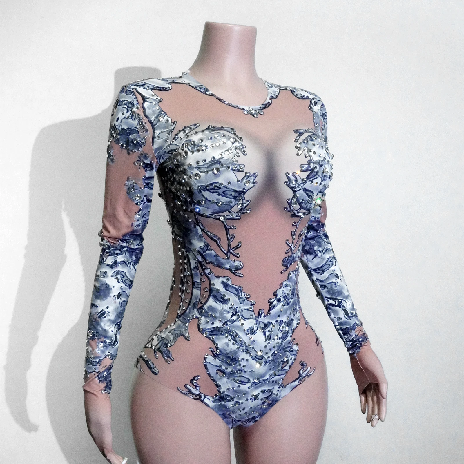 레이디 라인스톤 반짝이 타이트 팬츠 섹시 누드 빅 스트레치 댄스 의상 가수 바 파티 생일 의상 고고 스테이지 공연복