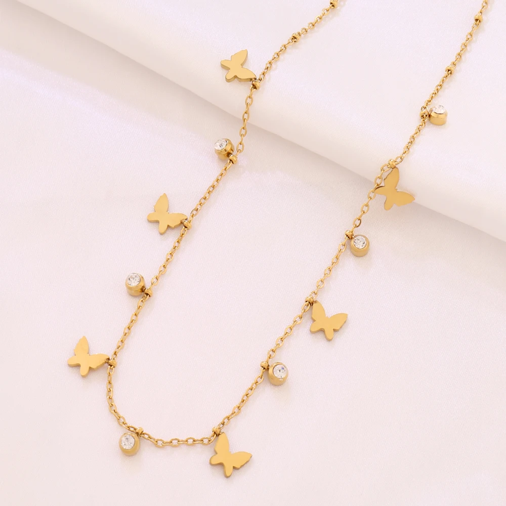 316L Stainless Steel Butterfly Tassel Pendant Necklace For Women Fashion Gold Color Zircon Charms Chain Necklaces Jewelry