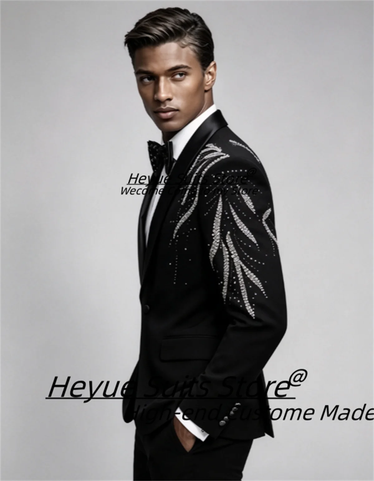 Customized Black Men Suits Customized Slim Fit Satin Peak Lapel Rhinestone Feather Embroidery Groom Wedding Tuxedos 2Pieces Sets