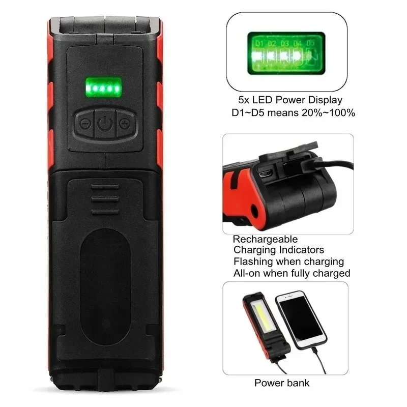 Magnetic COB LED Work Light USB Rechargeable Dimmable, Hanging Hook Inspection Torch, 18650 Flashlight With Power‑Bank Function
