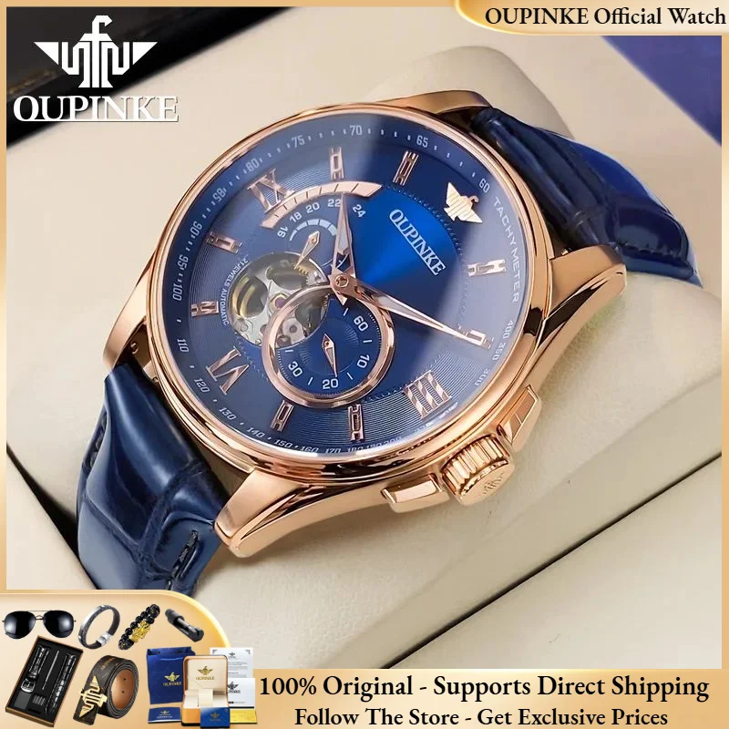 

OUPINKE 3222 Men Watch Original Waterproof 3D Skeleton Chronograph Leather Strap Business Luxury Men Automatic Mechanical Watch