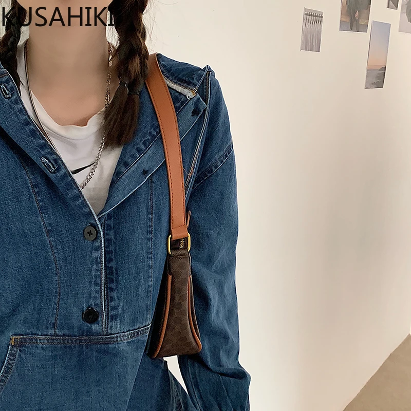 KUSAHIKI Jeans Hooded Sweatshirt 2023 Autumn Causal Long Sleeve Women Hoody Korean Drawstring Pocket Demin Hoodie Jumper 6C511