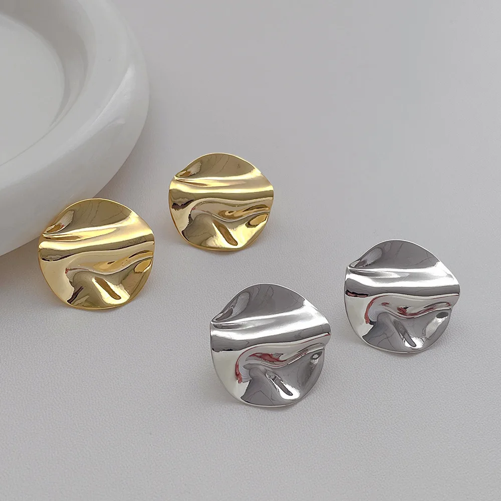 Punk Fashion Geometric Metal Wave Irregular Stud Earrings for Women Girls Gold Color Wrinkle Textured Earring Party Jewelry