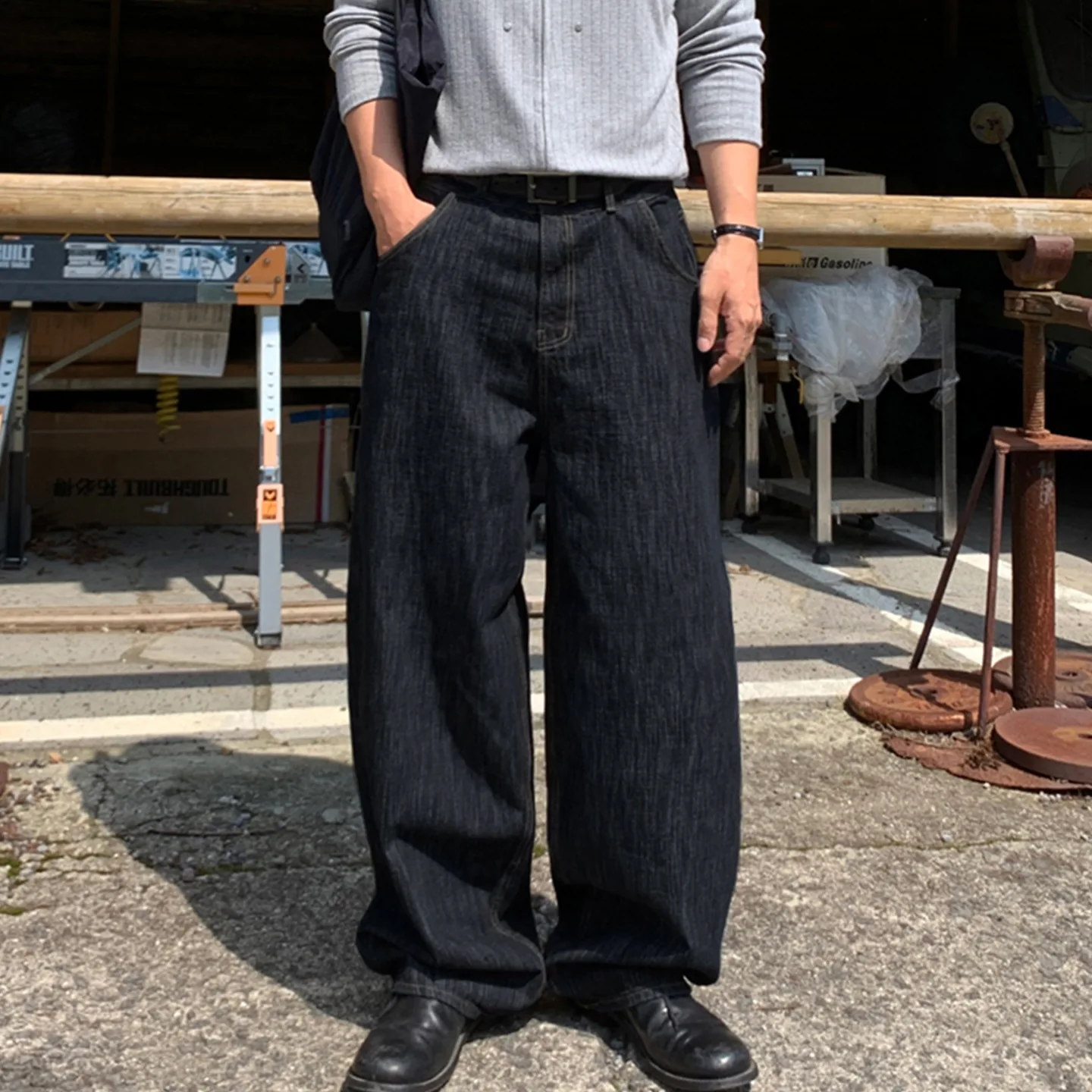 Spring Autumn Men's Dark Blue Solid Color Loose Simple Basic Casual Trendy Daily Wide Leg Straight Denim Trousers Jeans Pants