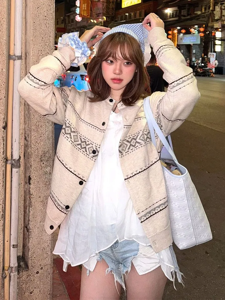 

Повседневный свободный женский вязаный кардиган-пальто с вышивкой Fair Isle, круглым вырезом, на пуговицах, теплый, модный, для зимы