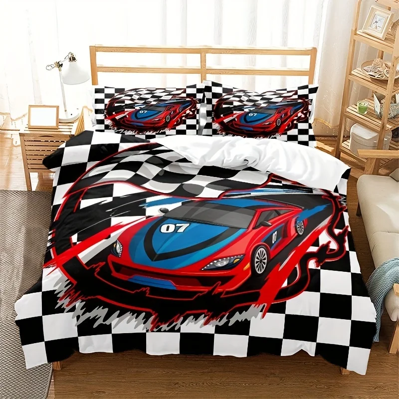 Bold Racing Car Duvet Cover Cartoon Black White Plaid Design for Boys Girls & Teens Room Decor 1pc Duvet Cover 2pcs Pillowcases