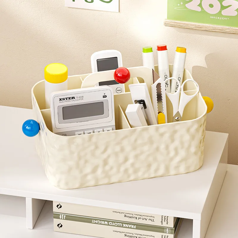 Cream White Divided Desk Storage Box with Colorful Bead Handle Plastic Multi‑Compartment Organizer for Stationery Cosmetics
