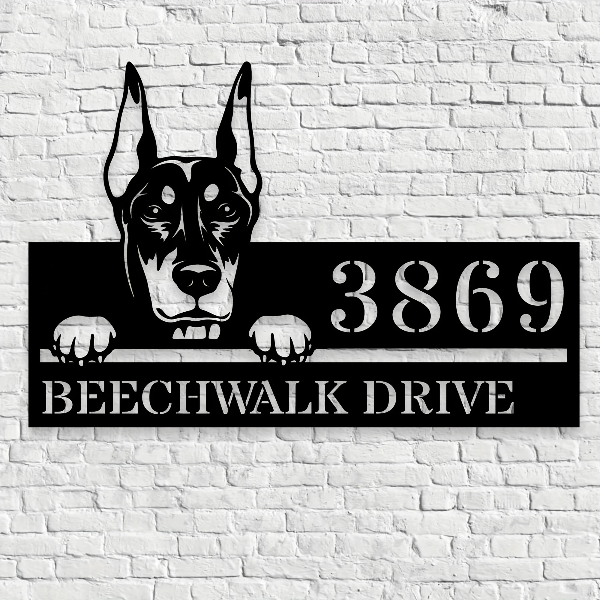 Customizable Doberman Pinscher Door Number Plate Artistic Matte Finish Dog Breed Silhouette with Personalized Name And Address E
