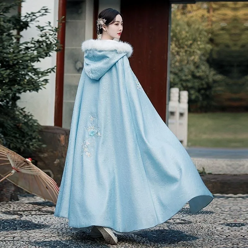 

Длинная накидка в старинном стиле с флисовой шалью, универсальное китайское пальто, оригинальный костюм Ханьфу, утепленная и теплая зимняя накидка