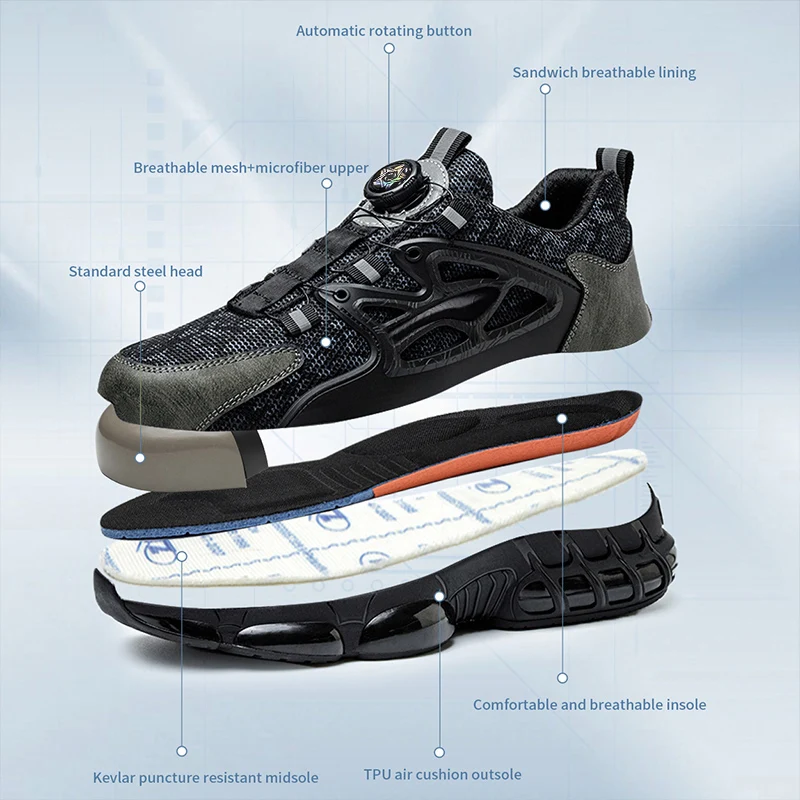 Rotating Button Protective Safety Shoes Men Steel Toe Sneakers Air Cushion Work Shoes Man Puncture Proof Work Safety Boots New