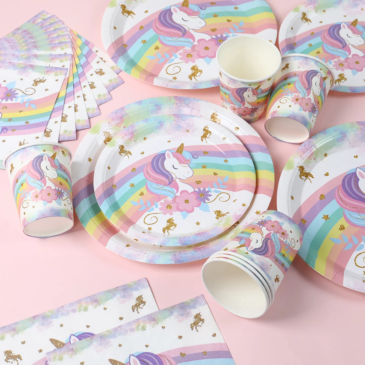 Regenbogen-Einhorn Einweggeschirr für die 1. Geburtstagsfeier – Einhorn-Motto-Dekorationen für Kinder, Hochzeiten, Babypartys und Mädchen-Partys – Detail 5